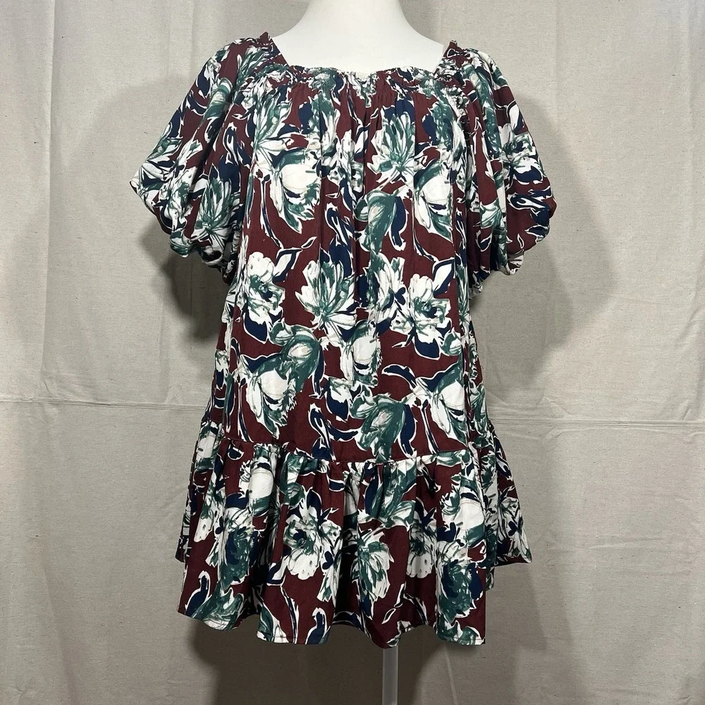 ee:some Boho Floral Babydoll Dress w/ Pockets Ruffle‎ Hem Puff Sleeves Size L